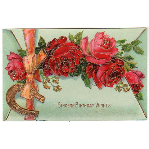Green Envelope Sealed with Red Roses Vintage Birthday Postcard Gold Metallic Horseshoe - Avid Vintage