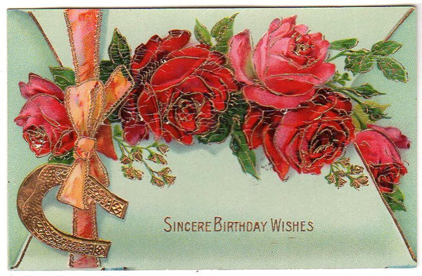 Green Envelope Sealed with Red Roses Vintage Birthday Postcard Gold Metallic Horseshoe - Avid Vintage