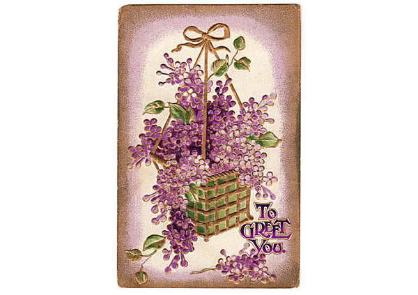 Vintage 1910s Floral Greetings Embossed Postcard Purple Flowers Hanging Basket - Avid Vintage
