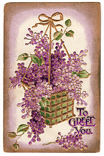 Vintage 1910s Floral Greetings Embossed Postcard Purple Flowers Hanging Basket - Avid Vintage