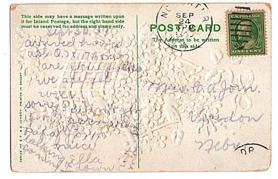 Vintage 1910s Floral Greetings Embossed Postcard Purple Flowers Hanging Basket - Avid Vintage