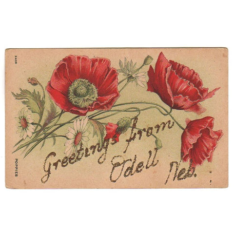 Greetings From Odell Nebraska Antique Postcard Red Poppies Paper Ephemera - Avid Vintage