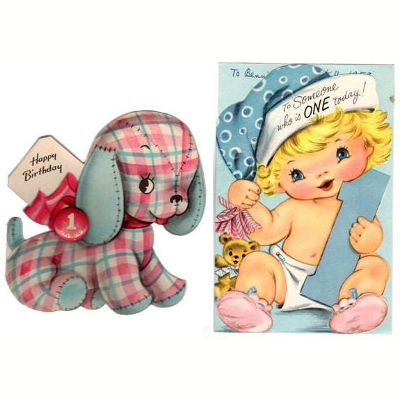 Vintage 1st Birthday Hallmark Greeting Cards One Year Old Lot of 2 Puppy Baby Pin Used - Avid Vintage