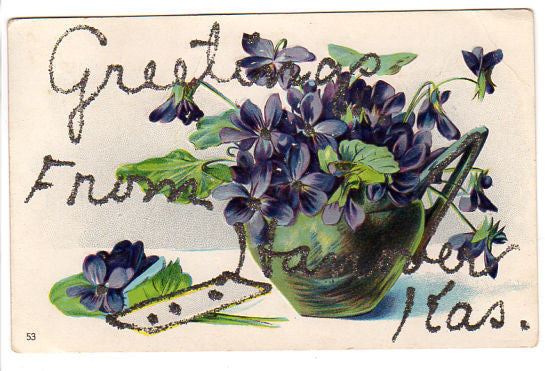 Vintage Hanover Kansas 1900s Purple Floral Greetings Postcard Glitter - Avid Vintage