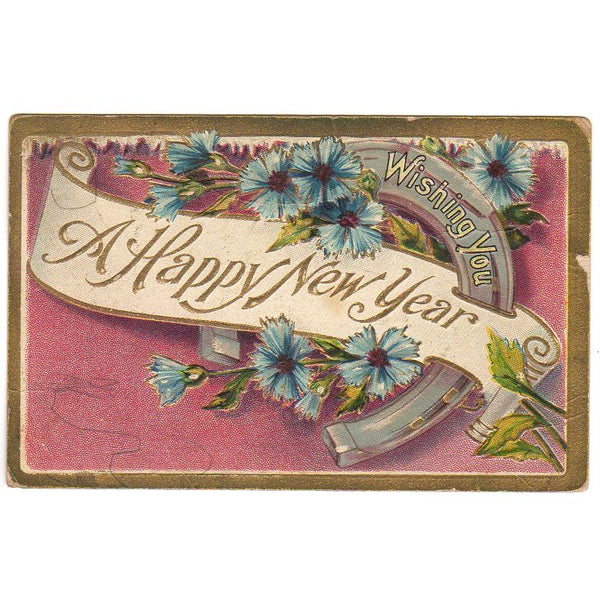 Happy New Year Antique Embossed Postcard Horseshoe 1920 Christmas Seal - Avid Vintage