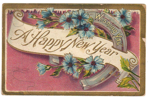 Happy New Year Antique Embossed Postcard Horseshoe 1920 Christmas Seal - Avid Vintage