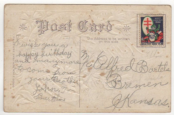 Happy New Year Antique Embossed Postcard Horseshoe 1920 Christmas Seal - Avid Vintage