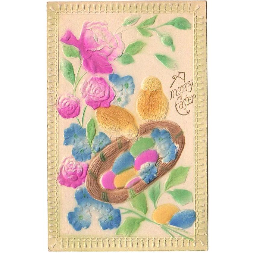 Heavily Embossed Floral Antique Easter Postcard Colored Eggs and Baby Chicks - Avid Vintage