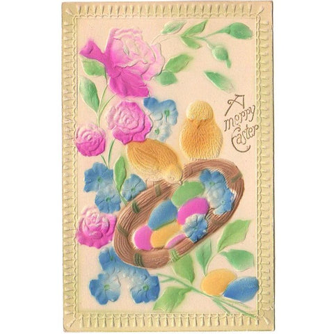 Heavily Embossed Floral Antique Easter Postcard Colored Eggs and Baby Chicks - Avid Vintage