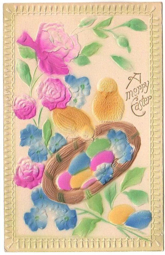 Heavily Embossed Floral Antique Easter Postcard Colored Eggs and Baby Chicks - Avid Vintage