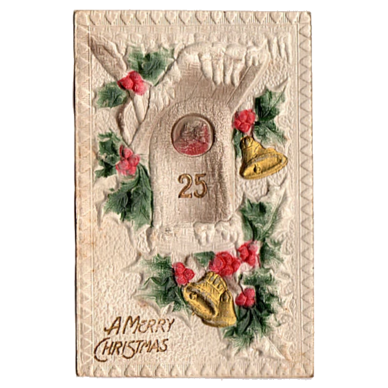 Heavily Embossed Antique 1910s Merry Christmas Postcard Birdhouse Gold Bells - Avid Vintage