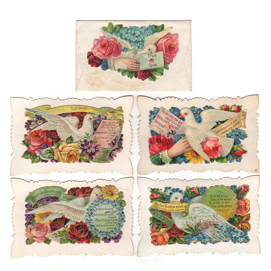 5 Antique Victorian Calling Cards Hidden Name Die Cut Doves and Roses - Avid Vintage
