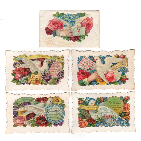 5 Antique Victorian Calling Cards Hidden Name Die Cut Doves and Roses - Avid Vintage