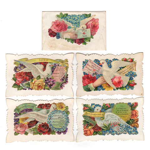 5 Antique Victorian Calling Cards Hidden Name Die Cut Doves and Roses - Avid Vintage