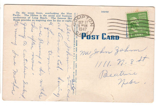 Vintage 1940s Linen Roadside Postcard Hilton Hotel Sky Room Long Beach California - Avid Vintage