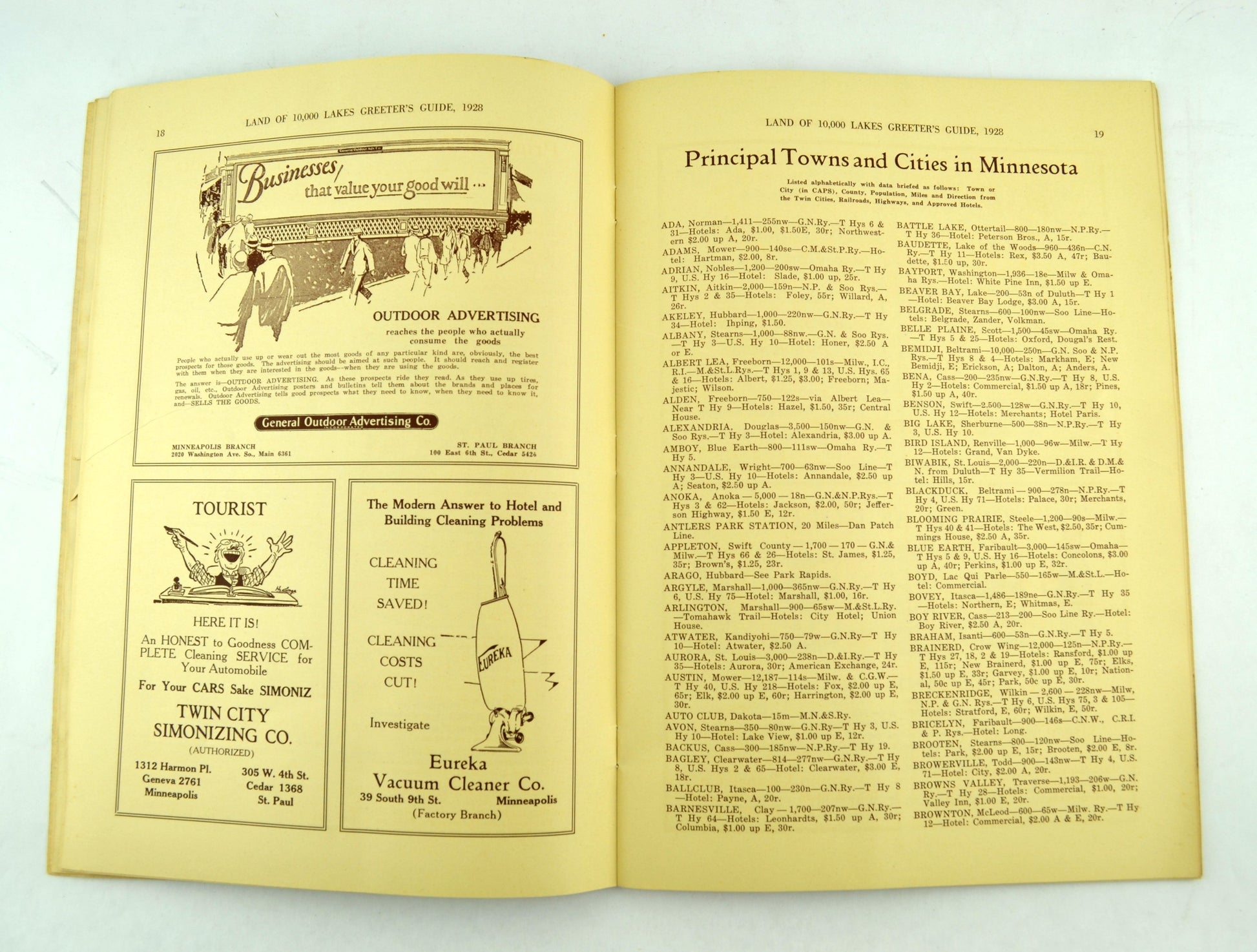 Hotel Greeters of America Guide to Minnesota 1928 with Fold Out Map - Avid Vintage