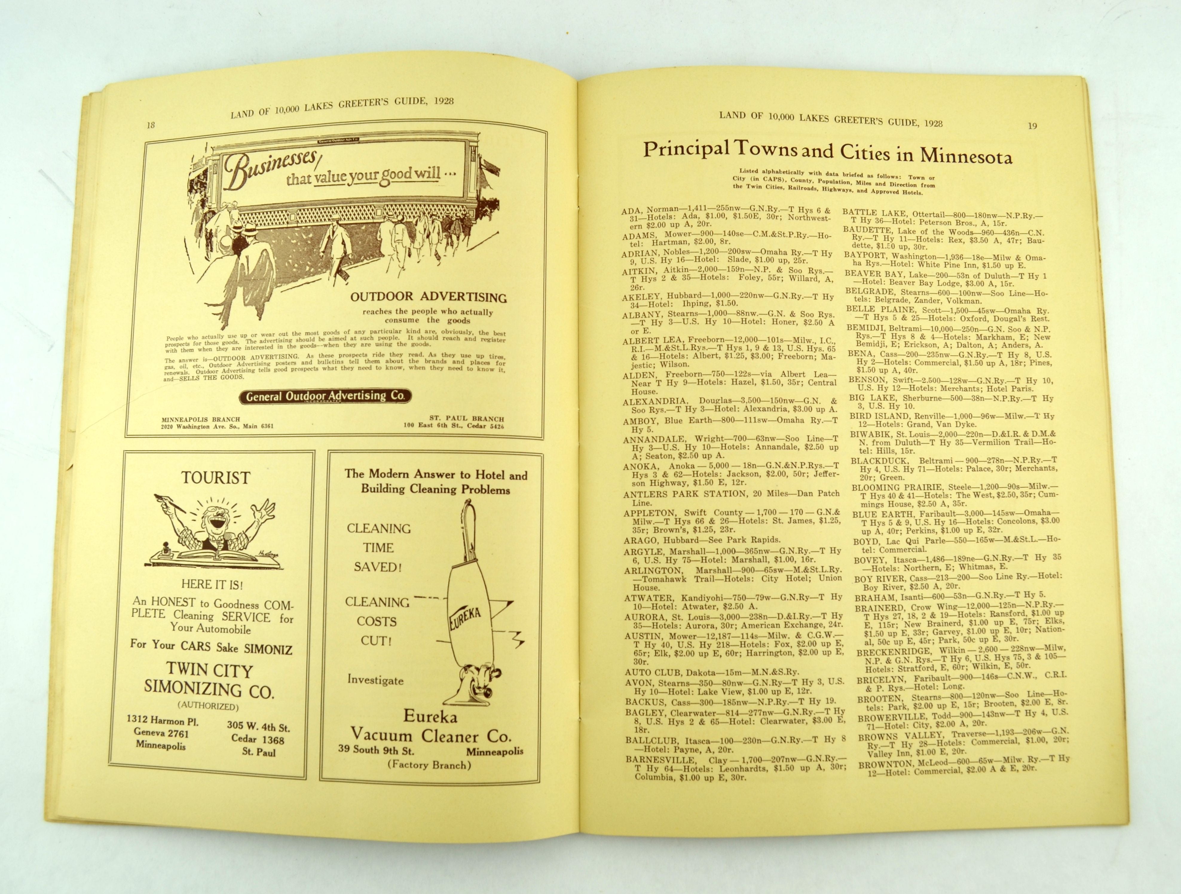 Hotel Greeters of America Guide to Minnesota 1928 with Fold Out Map - Avid Vintage