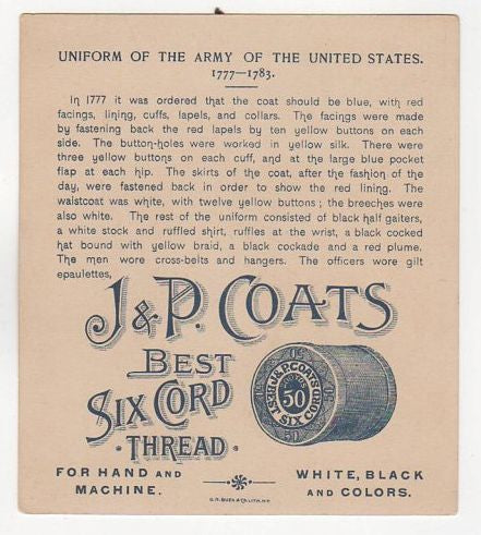 J & P Coats Antique Trade Card Uniform Military Series U.S. Army 1777-1783 Soldiers Cannon - Avid Vintage
