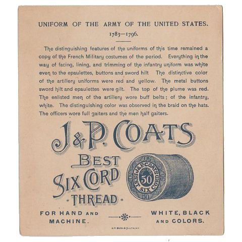 J & P Coats Antique Trade Card Uniform Military Series U.S. Army 1783 - 1796 Artillery - Avid Vintage