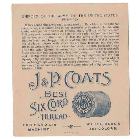 J & P Coats Antique Trade Card Uniform Military Series U.S. Army 1833-1850 - Avid Vintage