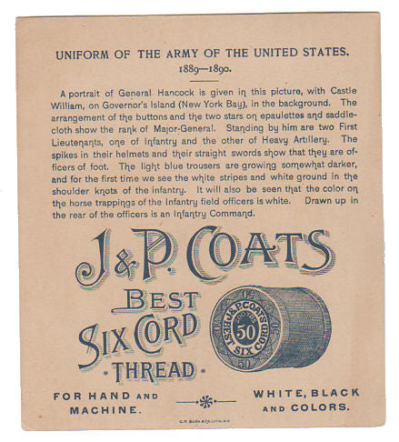 J & P Coats Antique Trade Card Uniform Military Series U.S. Army 1889 - 1890 General Hancock - Avid Vintage