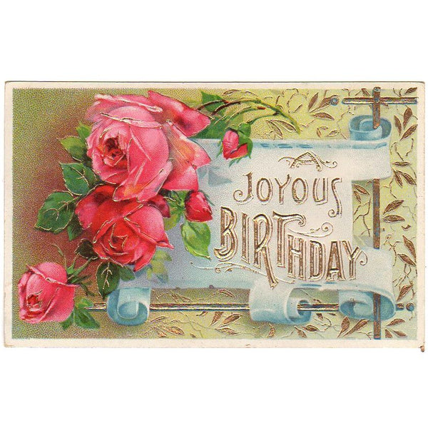 Joyous Birthday Antique Postcard Gold Metallic Accents Pink Roses - Avid Vintage