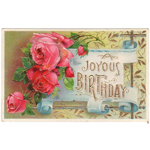 Joyous Birthday Antique Postcard Gold Metallic Accents Pink Roses - Avid Vintage