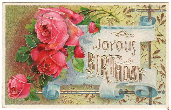 Joyous Birthday Antique Postcard Gold Metallic Accents Pink Roses - Avid Vintage