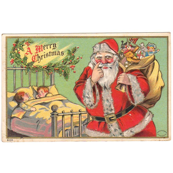 Julius Bien Christmas Santa Antique Postcard Children Bag of Toys Iron Bed - Avid Vintage