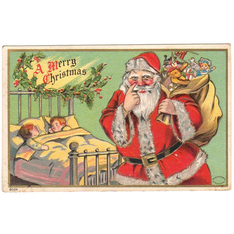Julius Bien Christmas Santa Antique Postcard Children Bag of Toys Iron Bed - Avid Vintage