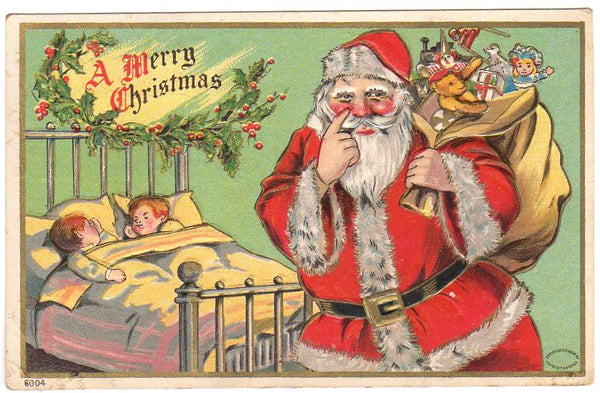 Julius Bien Christmas Santa Antique Postcard Children Bag of Toys Iron Bed - Avid Vintage