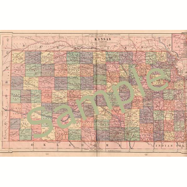 Antique Printable 1880s Color Map of Kansas Instant Digital Download 1880s County Map - Avid Vintage