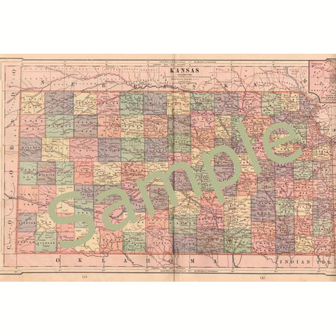 Antique Printable 1880s Color Map of Kansas Instant Digital Download 1880s County Map - Avid Vintage