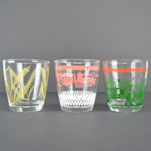 Vintage Kitsch 8 Oz Glass Tumblers Set of 3 Pink Kitchen Green Food Yellow Wheat - Avid Vintage