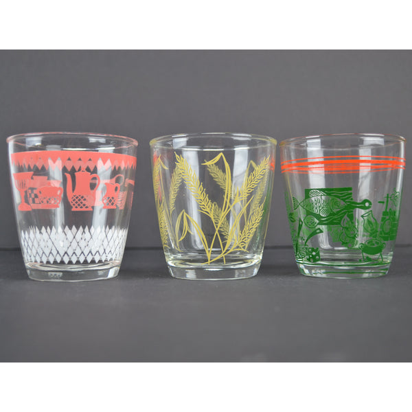 Vintage Kitsch 8 Oz Glass Tumblers Set of 3 Pink Kitchen Green Food Yellow Wheat - Avid Vintage