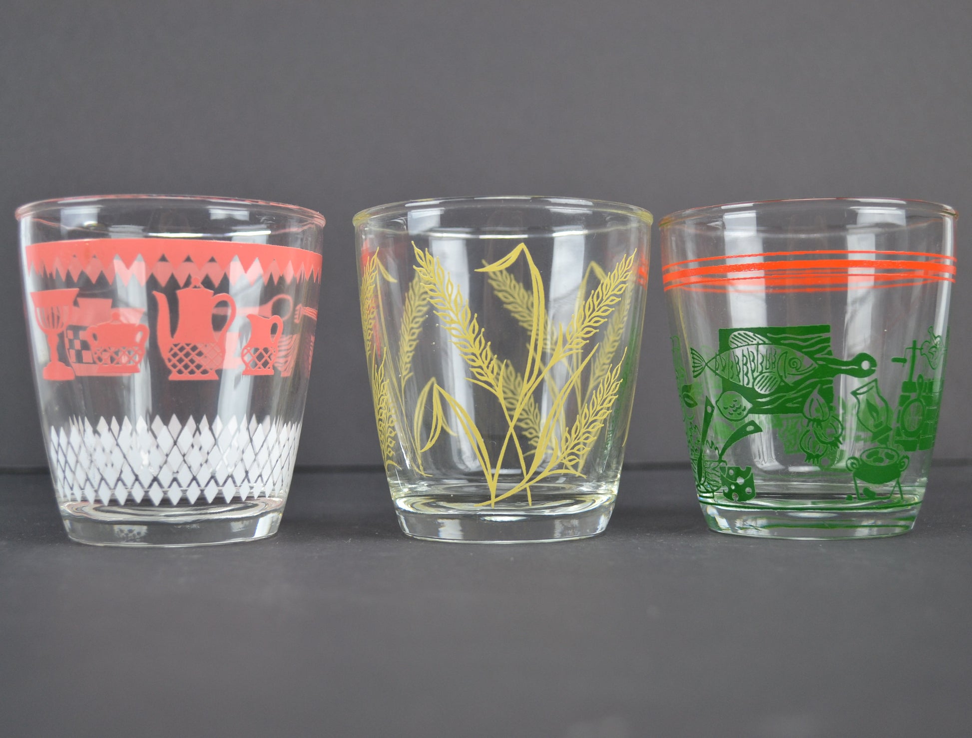 Vintage Kitsch 8 Oz Glass Tumblers Set of 3 Pink Kitchen Green Food Yellow Wheat - Avid Vintage