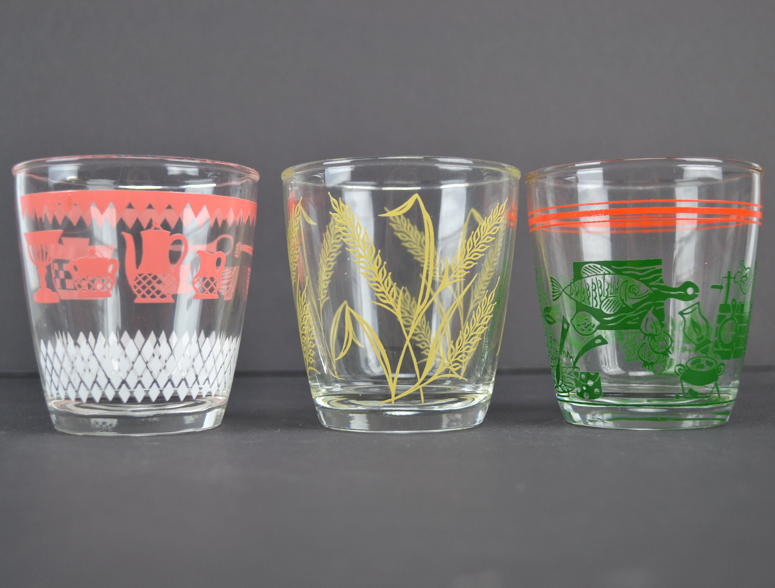 Vintage Kitsch 8 Oz Glass Tumblers Set of 3 Pink Kitchen Green Food Yellow Wheat - Avid Vintage
