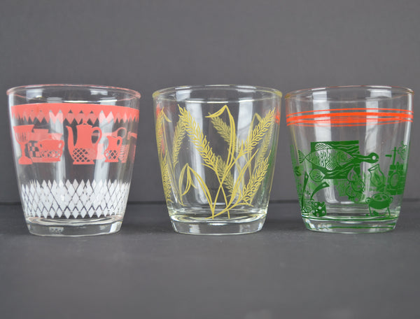 Vintage Kitsch 8 Oz Glass Tumblers Set of 3 Pink Kitchen Green Food Yellow Wheat - Avid Vintage