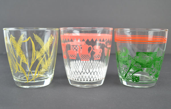 Vintage Kitsch 8 Oz Glass Tumblers Set of 3 Pink Kitchen Green Food Yellow Wheat - Avid Vintage