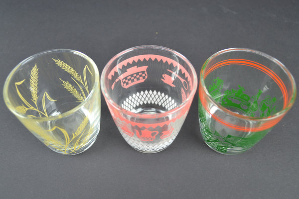 Vintage Kitsch 8 Oz Glass Tumblers Set of 3 Pink Kitchen Green Food Yellow Wheat - Avid Vintage