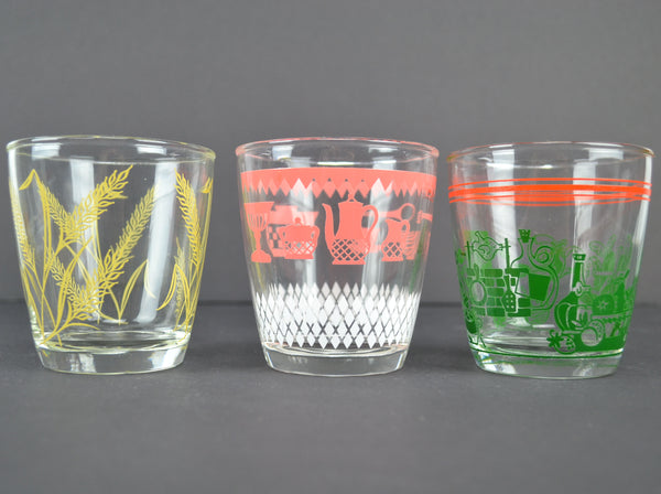 Vintage Kitsch 8 Oz Glass Tumblers Set of 3 Pink Kitchen Green Food Yellow Wheat - Avid Vintage