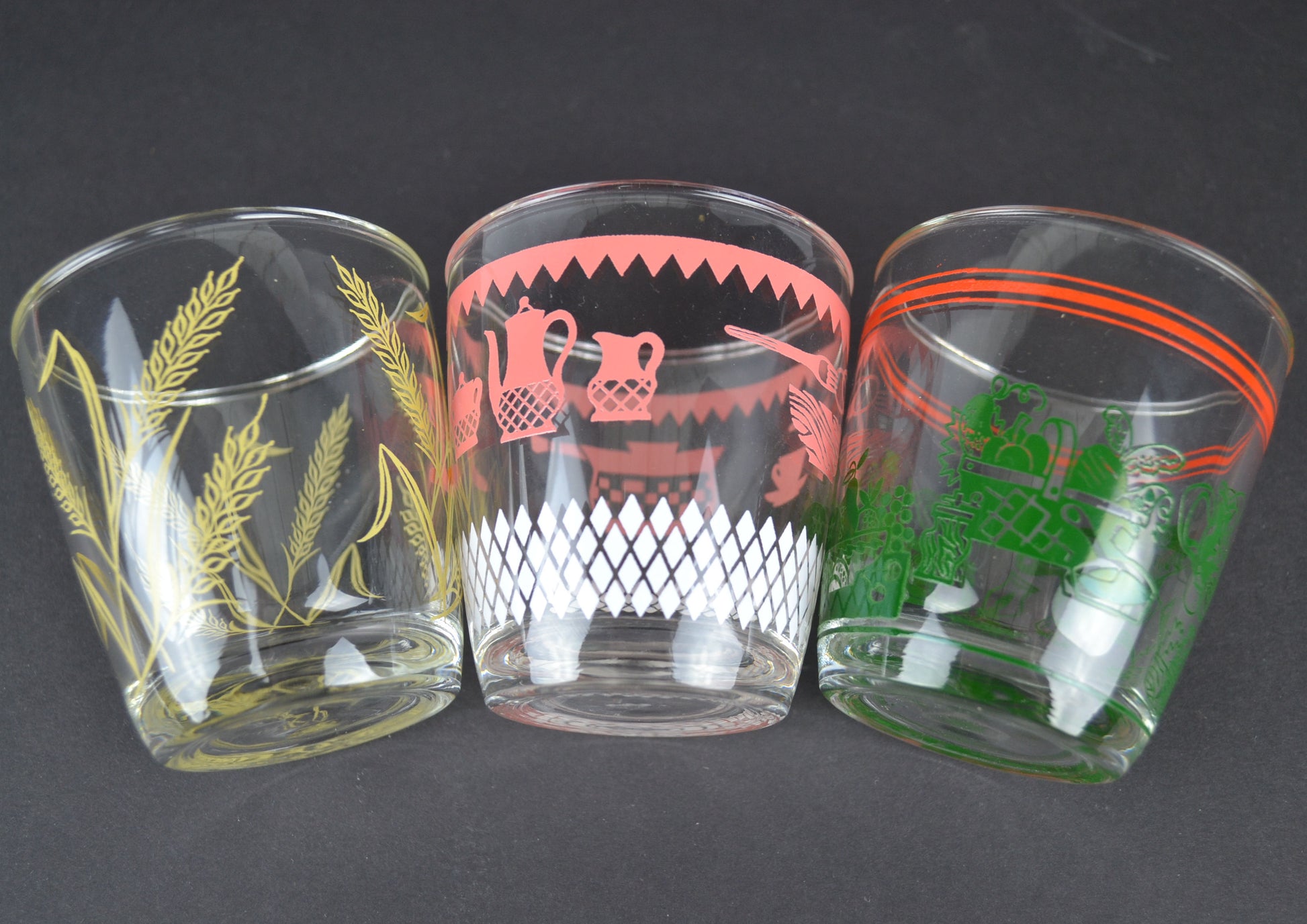 Vintage Kitsch 8 Oz Glass Tumblers Set of 3 Pink Kitchen Green Food Yellow Wheat - Avid Vintage