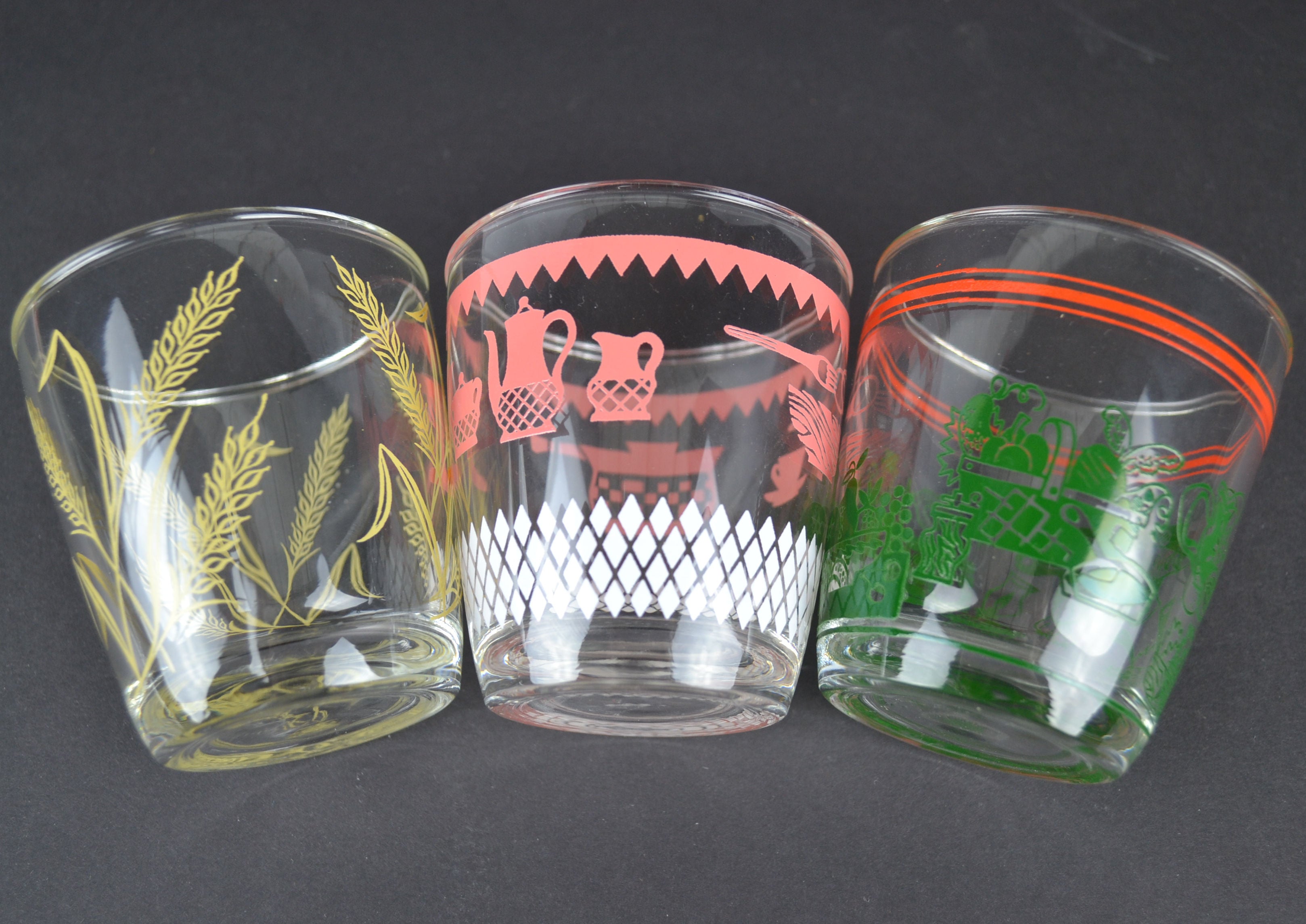 Vintage Kitsch 8 Oz Glass Tumblers Set of 3 Pink Kitchen Green Food Yellow Wheat - Avid Vintage