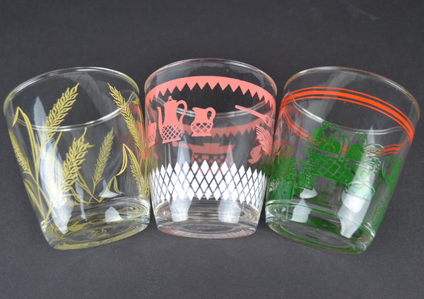 Vintage Kitsch 8 Oz Glass Tumblers Set of 3 Pink Kitchen Green Food Yellow Wheat - Avid Vintage