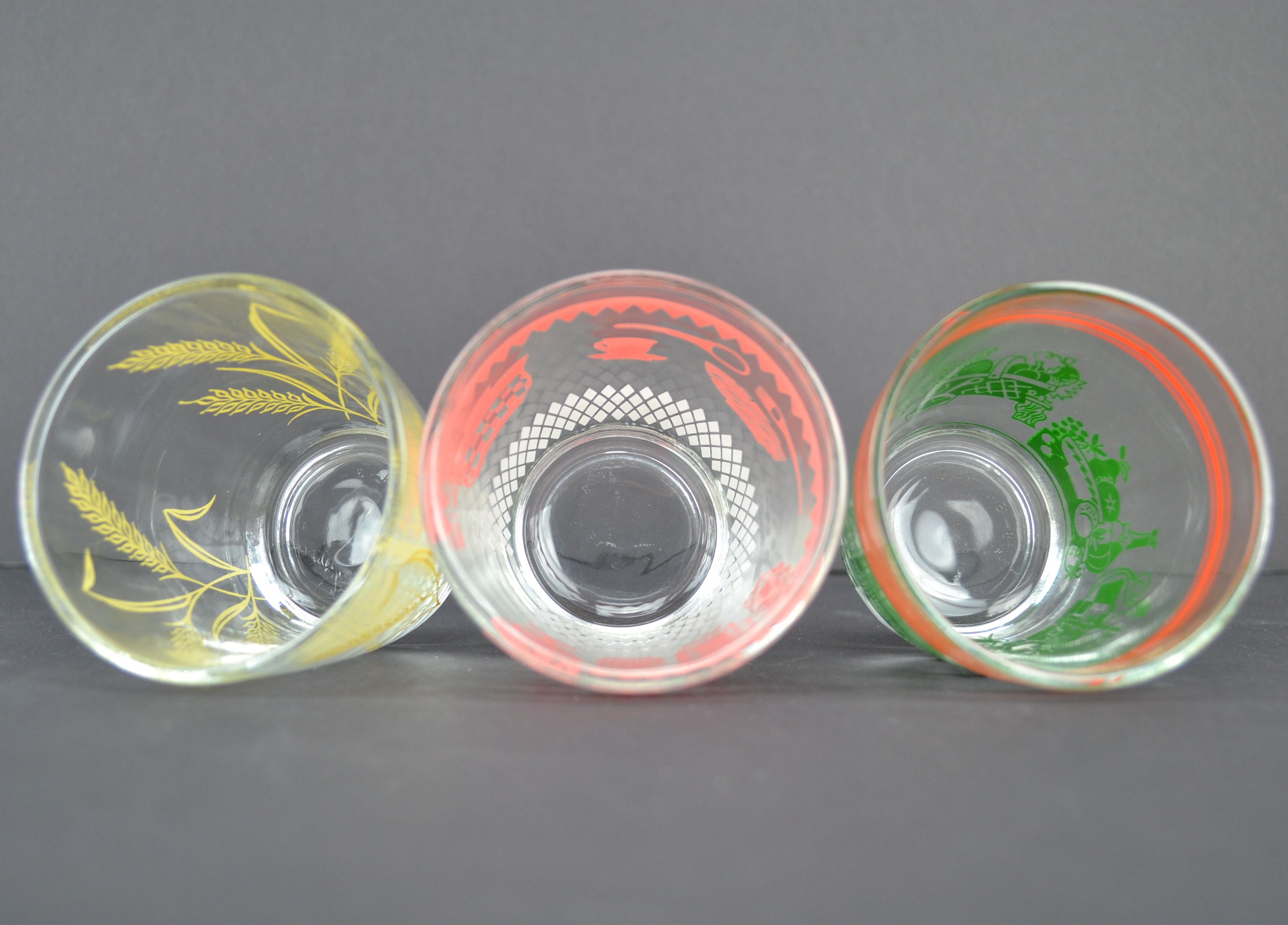 Vintage Kitsch 8 Oz Glass Tumblers Set of 3 Pink Kitchen Green Food Yellow Wheat - Avid Vintage
