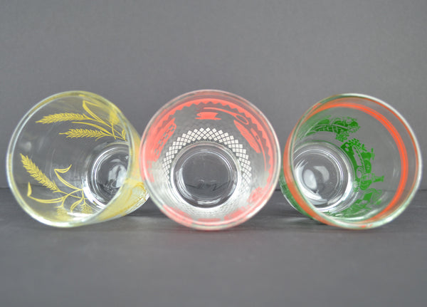 Vintage Kitsch 8 Oz Glass Tumblers Set of 3 Pink Kitchen Green Food Yellow Wheat - Avid Vintage