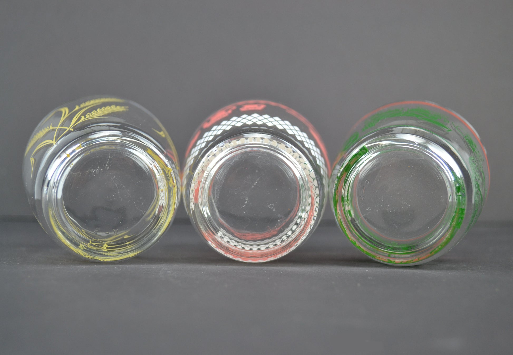 Vintage Kitsch 8 Oz Glass Tumblers Set of 3 Pink Kitchen Green Food Yellow Wheat - Avid Vintage