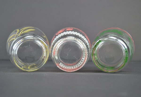 Vintage Kitsch 8 Oz Glass Tumblers Set of 3 Pink Kitchen Green Food Yellow Wheat - Avid Vintage