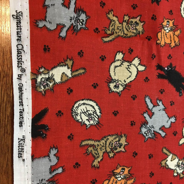 Kitties Fabric Gray Brown Black Cats on Red Signature Classics 44 x 62