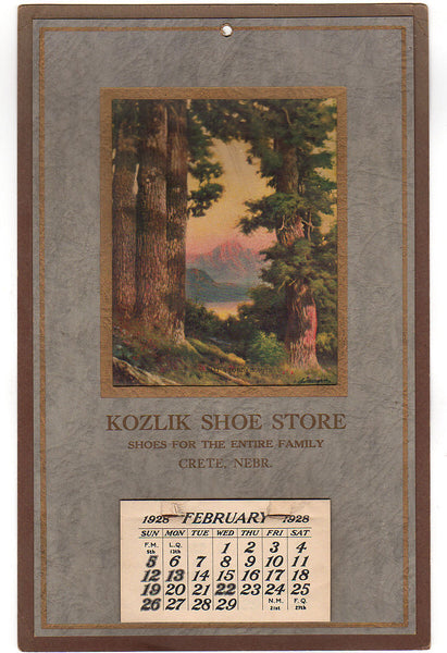 Vintage Crete Nebraska Advertising Calendar Kozlik Shoe Store 1928 - Avid Vintage